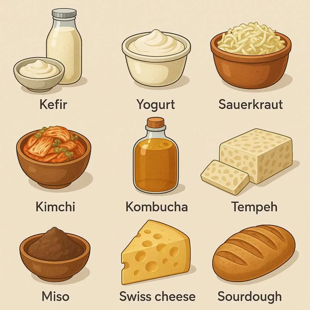An illustrative grid displaying nine different fermented foods labeled Kefir, Yogurt, Sauerkraut, Kimchi, Kombucha, Tempeh, Miso, Swiss cheese, and Sourdough against a neutral background.