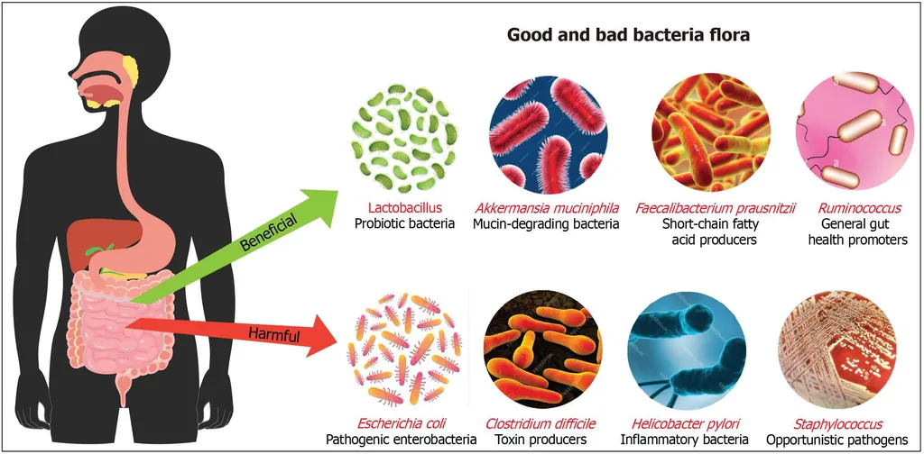 An educational infographic showing a human silhouette with digestive tract, distinguishing beneficial bacteria like Lactobacillus and Akkermansia muciniphila from harmful bacteria like Escherichia coli and Clostridium difficile.