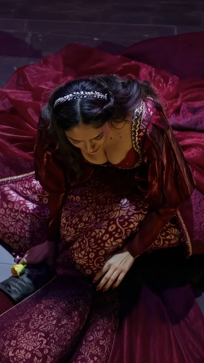 High-angle shot of a woman in a deep-neck red period dress with puffy sleeves and a sparkly tiara, kneeling among rich red drapery.